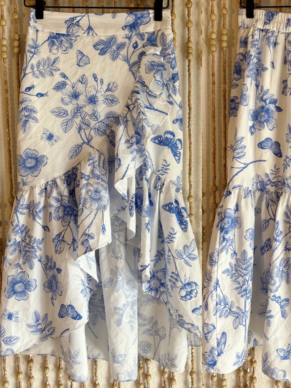 Milk & Honey White Blue Floral Garden Butterfly Ruffle Hem Coquette Midi Skirt S